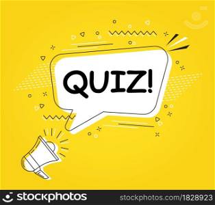 Quiz in bubble vector on bright yellow background. Comic speech bubble. Cartoon comic explosion. Colorful speech balloon with megaphone. Massages and talk signs for app, web.. Comic speech bubble. Cartoon comic explosion. Colorful speech balloon with megaphone.
