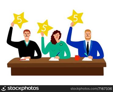 Quiz jury. Competition judge group sitting at table and show opinion scorecards vector illustration. Competition jury with stars rating. Quiz jury. Competition judge group sitting at table and show opinion scorecards vector illustration