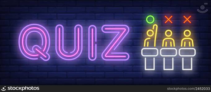 Quiz neon sign. Three competitors on brick wall background. Vector illustration in neon style for banners, posters, flyers, billboards