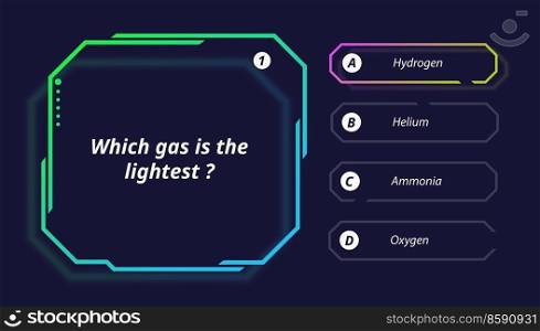 Quiz questions and test menu choice of TV show game, vector neon template. Quiz game question and answer options frames of intellectual challenge contest for TV screen layout. Quiz questions test menu choice, TV show
