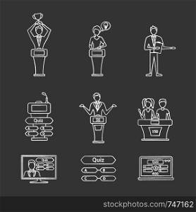 Quiz show chalk icons set. Intellectual game questions, podiums, buzzer systems, players, pub quiz, online and studio games, winners, losers. Isolated vector chalkboard illustrations. Quiz show chalk icons set