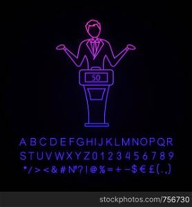Quiz show fail neon light icon. Loser player of intellectual game. Man standing at game show podium with low score. Contestant at buzzer system. Glowing alphabet, numbers. Vector isolated illustration. Quiz show fail neon light icon