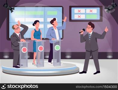 Quiz show flat color vector illustration. Educational game host and contenders 2D cartoon characters with stage on background. Knowledge test, questions competition. Intellectual contest broadcast. Quiz show flat color vector illustration