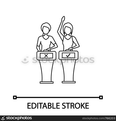 Quiz show linear icon. Players of intellectual game answering questions. Thin line illustration. Contestants of quiz game pressing button standing at buzzer. Vector isolated drawing. Editable stroke. Quiz show linear icon