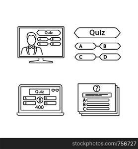 Quiz show linear icons set. Intellectual game question, online and TV quiz. Thin line contour symbols. Isolated vector outline illustrations. Editable stroke. Quiz show linear icons set