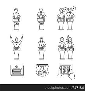 Quiz show linear icons set. Intellectual game questions, buzzer systems, players, quiz bowl, online, TV, studio games, winners, losers, show host. Isolated vector outline illustration. Editable stroke. Quiz show linear icons set