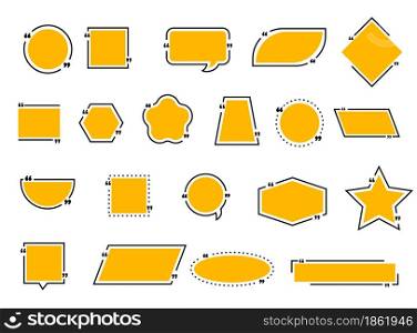 Quote bubble and boxes, chat message, comment and note quote frame icons. Vector borders and blank speech bubbles for remark, mention quotations and callout text inserting, isolated elements set. Quote bubble and boxes, chat message, comment