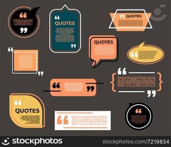 Quote bubble boxes, chat messages and comment note quotes, vector icons. Text or speech quote bubble frames for talk or dialog banners, quotations with comma borders and remark citation boxes. Quote bubble boxes, chat messages or comment notes