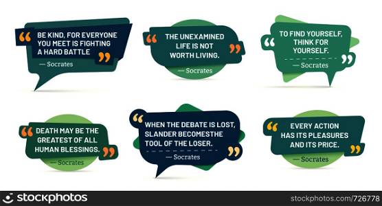 Quote in quotes frames. Socrates quotes, speech stickers and comment box badge. Info text, memo words tag or citation notes pages. Isolated vector symbols set. Quote in quotes frames. Socrates quotes, speech stickers and comment box badge vector set