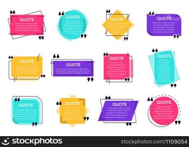 Quote text box. Cited box frame label, social network quotes dialogue bubble, remark text frames and quote frames template vector isolated icons set. Colorful note text box pack, quotation background. Quote text box. Cited box frame label, social network quotes dialogue bubble, remark text frames and quote frames template vector isolated icons set. Collection of geometric comment backgrounds