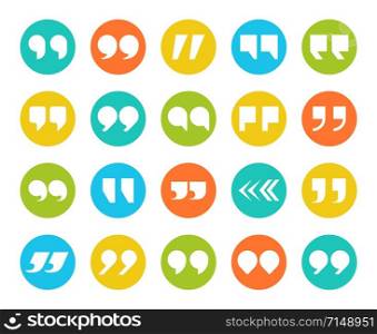Quotes marks. Flat quotation marking speech icon set. Double comma signs in circle. Remark button isolated image vector set for modern discussion and communication quote. Quotes marks. Flat quotation marking speech icon set. Double comma signs in circle. Remark button vector set