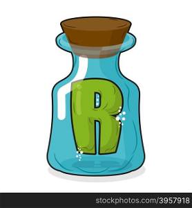 R in magic jar. Letter to a lab for tests and research bottle. Glass bottle with a cork. Magic transparent bulb&#xA;