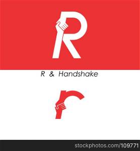 R - Letter abstract icon & hands logo design vector template.Teamwork and Partnership concept.Business offer and Deal symbol.Vector illustration