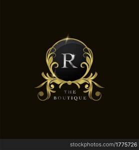 R Letter Golden Circle Shield Luxury Boutique Logo, vector design concept for initial, luxury business, hotel, wedding service, boutique, decoration and more brands.