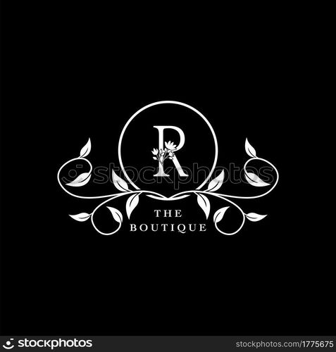 R Letter Logo Boutique Luxury Nature Floral Flower. Monogram vector design concept letter and floral flower with leaf for initial, fashion brand, and luxuries business identity.