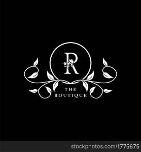 R Letter Logo Boutique Luxury Nature Floral Flower. Monogram vector design concept letter and floral flower with leaf for initial, fashion brand, and luxuries business identity.