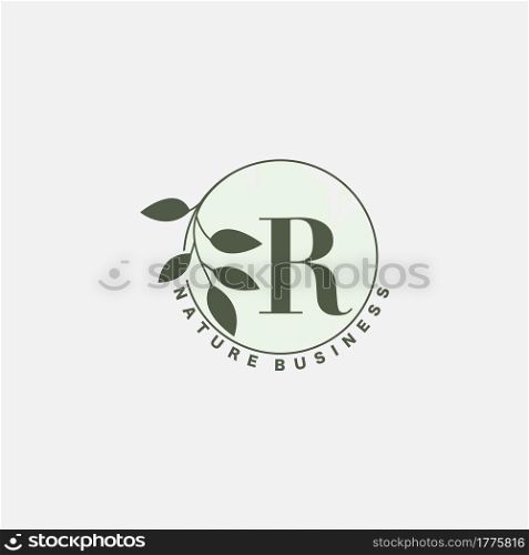 R Letter Logo Circle Nature Leaf, vector logo design concept botanical floral leaf with initial letter logo icon for nature business.