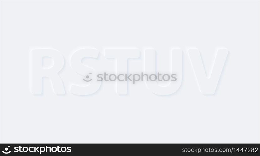 R S T U V. Vector button letter of alphabet abc. Bright white gradient neumorphic effect character type icon. Internet gray symbol isolated on a background.