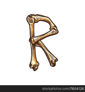 R scary letter of human bones isolated ABC sketch symbol. Vector Halloween typography font element. Letter R of bones isolated dia de los muertos ABC
