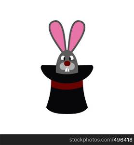 Rabbit appearing from a top magic hat flat icon isolated on white background. Rabbit appearing from a top magic hat