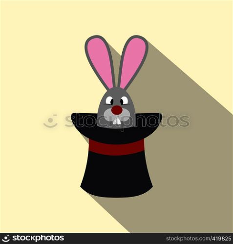 Rabbit appearing from a top magic hat flat icon on a white background. Rabbit appearing from a top magic hat