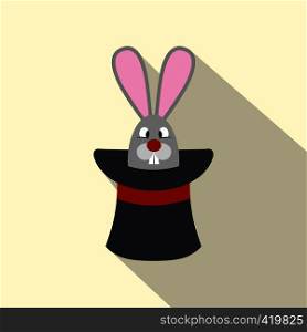 Rabbit appearing from a top magic hat flat icon on a white background. Rabbit appearing from a top magic hat