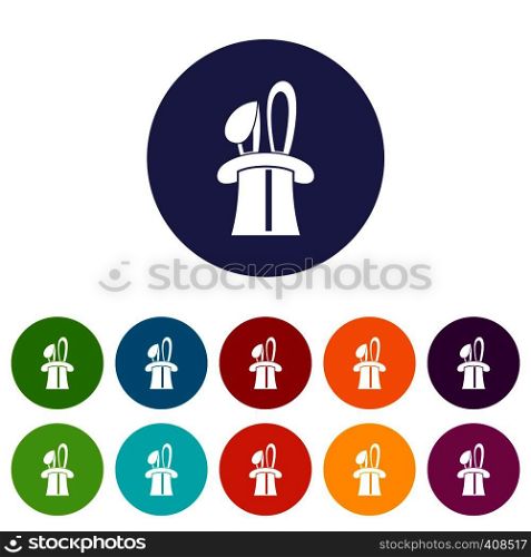 Rabbit appearing from a top magic hat set icons in different colors isolated on white background. Rabbit appearing from a top magic hat set icons