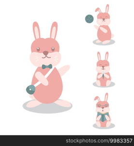 Rabbit Bunny Hare Playing Various Poses Cartoon Character Set