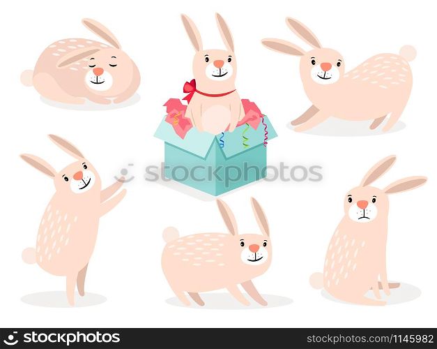 Rabbit character. Funny cartoon cute easter bunny vector animal isolated on white background. Funny cartoon cute easter bunny set