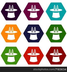 Rabbit ears appearing from a top magic hat icon set many color hexahedron isolated on white vector illustration. Rabbit ears appearing from a top magic hat icon set color hexahedron