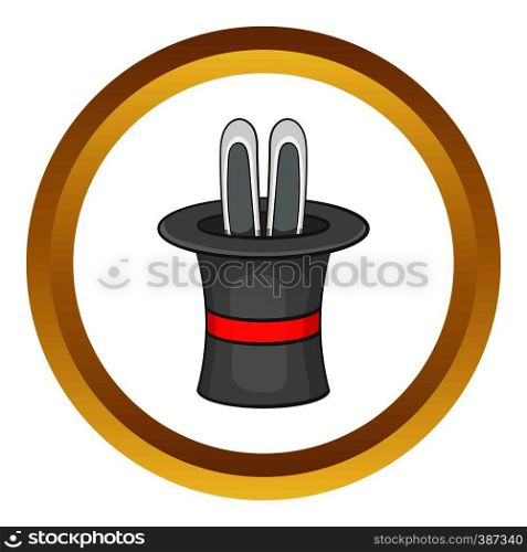 Rabbit ears appearing from a top magic hat vector icon in golden circle, cartoon style isolated on white background. Rabbit ears vector icon
