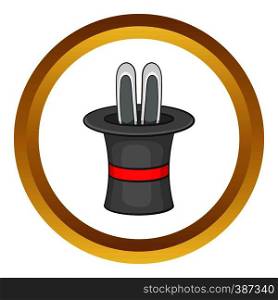 Rabbit ears appearing from a top magic hat vector icon in golden circle, cartoon style isolated on white background. Rabbit ears vector icon