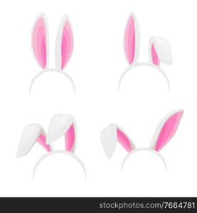 Rabbit ears, Easter bunny isolated vector headbands. Cartoon hare earpiece costume elements for Easter party celebration, photo booth, video chat app. Bunny or rabbit ears, spring kids headdress hat. Rabbit ears, Easter bunny isolated vector headband
