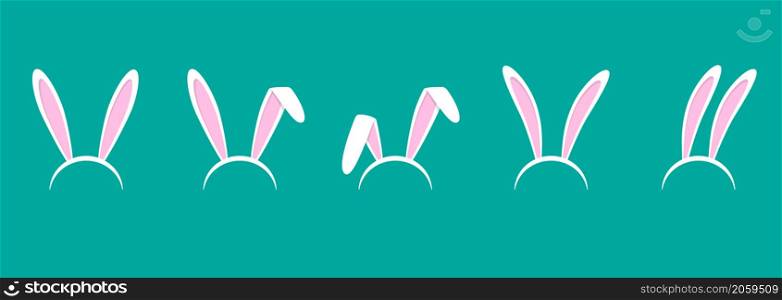 Rabbit ears. Mask of bunny. Easter headband. Cartoon costume and headband from rabbit. Funny icon set. Isolated vector illustration. Bunny hat with ears for decoration or party.