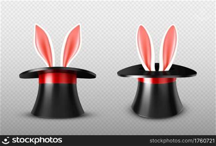 Rabbit ears stick out magician top hat, black vintage cylinder cap with white bunny sitting inside front view. Circus magic tricks with hare and performer headwear, Realistic 3d vector illustration. Rabbit ears stick out magician top hat cylinder