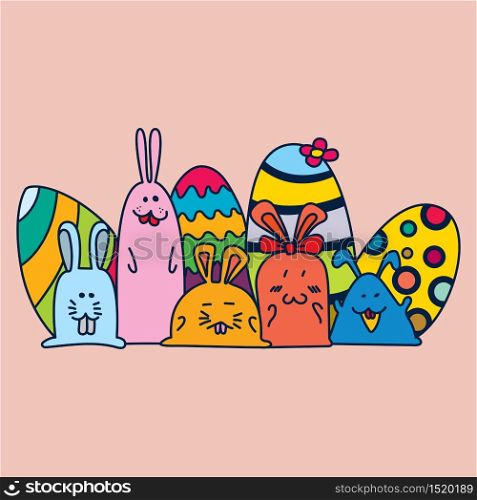 Rabbit family and colorful eggs on Easter