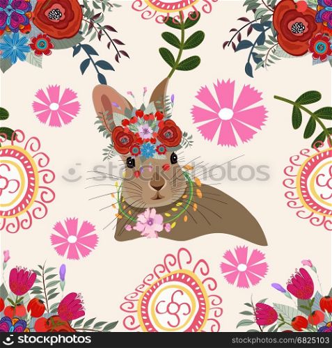 rabbit floral background pattern, flower, seamless