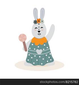 Rabbit girl with a lollipop flaps her paw. Character animal rabbit. Vector illustration isolated on white background. Rabbit girl with a lollipop flaps her paw. . vector illustration 