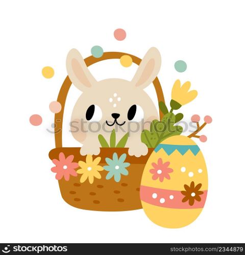Rabbit in basket with patterned egg. Easter celebration card isolated on white background. Rabbit in basket with patterned egg. Easter celebration card