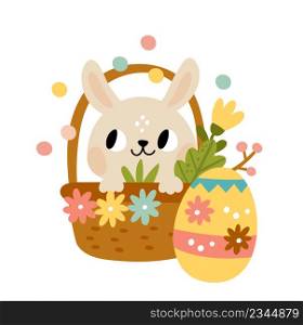 Rabbit in basket with patterned egg. Easter celebration card isolated on white background. Rabbit in basket with patterned egg. Easter celebration card