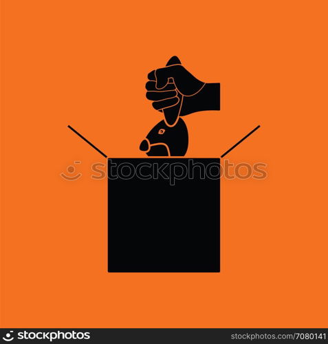 Rabbit in magic box icon. Orange background with black. Vector illustration.