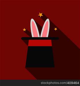 Rabbit in magician hat icon. Flat icon with long shadow on a red background. Rabbit in magician hat icon