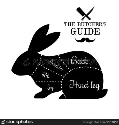 Rabbit meat meat cut lines diagram on the outline of an animal, butcher shop, market poster design, graphic black and white flat vector illustration. Rabbit meat cut lines diagram graphic poster, guide for butcher
