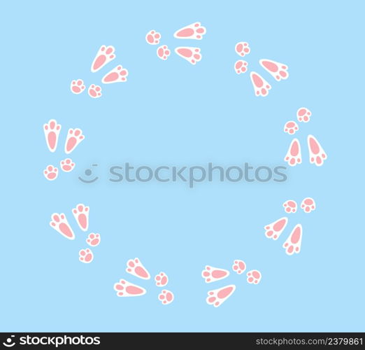 Rabbit or hare footprint trail. Easter bunny foot prints. Rabbit paw steps on snow. Hare steps track. Blank round frame template. Vector illustration isolated on blue background in flat style.. Rabbit or hare footprint trail. Easter bunny foot prints. Rabbit paw steps on snow. Hare steps track. Blank round frame template. Vector illustration isolated on blue background in flat style