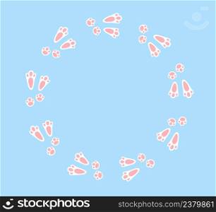 Rabbit or hare footprint trail. Easter bunny foot prints. Rabbit paw steps on snow. Hare steps track. Blank round frame template. Vector illustration isolated on blue background in flat style.. Rabbit or hare footprint trail. Easter bunny foot prints. Rabbit paw steps on snow. Hare steps track. Blank round frame template. Vector illustration isolated on blue background in flat style