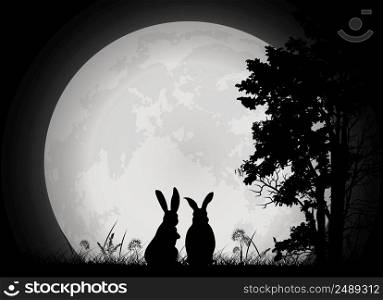 rabbit silhouette with full moon on landscape background, easter festival, vector illustration