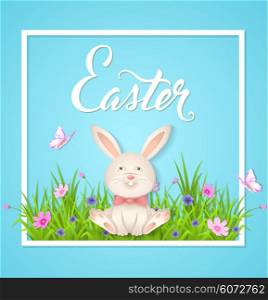 Rabbit sitting on a green grass. Easter card. Vector illustration.