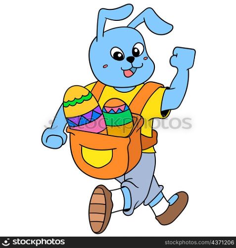 rabbit walking happily celebrating easter carrying a bag filled with decorative egg
