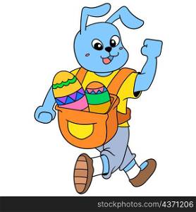 rabbit walking happily celebrating easter carrying a bag filled with decorative egg