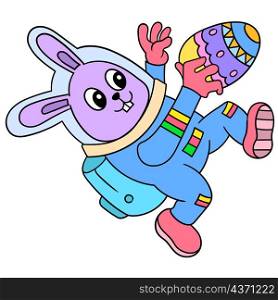 rabbit wearing astronaut suit in space playing with easter eggs